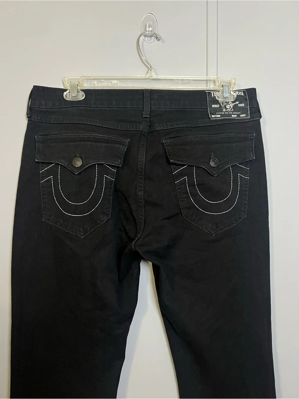 True Religion Men’s Relaxed Straight Jeans Black Raw Hem Frayed Stretch Sz 34